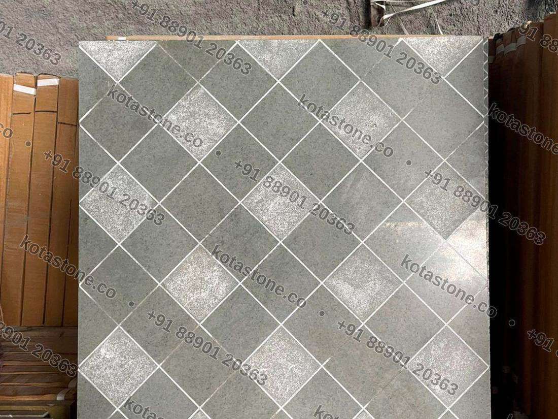 Fine diamond grid, soft grey — designer tile board at our unit